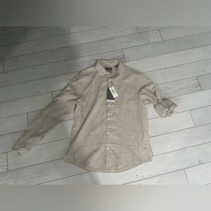 Perry Ellis Light Tan Button-Up Shirt 100%Linen